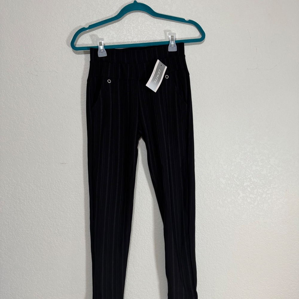 LEMITTE Womens Black Pinstripe Leggings Pull On Pants Size S